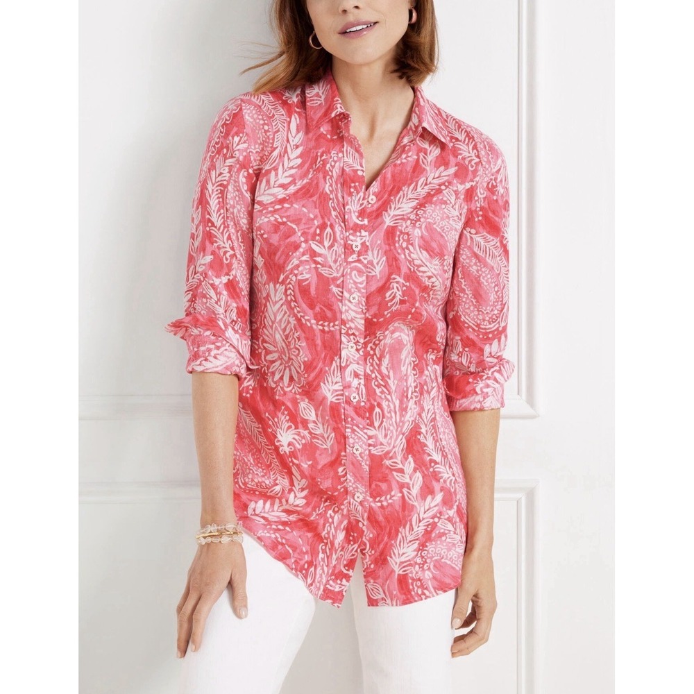 Talbots 100% Linen Boyfriend Shirt M Brushed Paisley Button-Up Coastal Resort‎